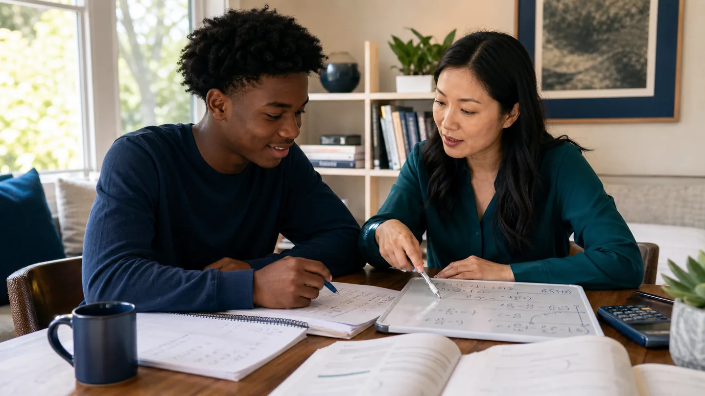 High-school student and tutor working through math and science problems.