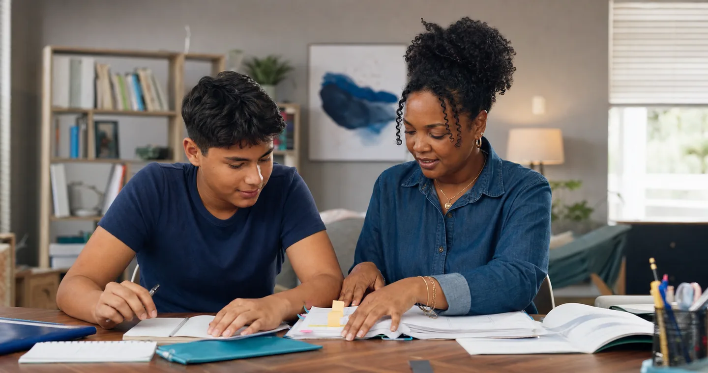 Student and tutor organizing schoolwork and building study skills.
